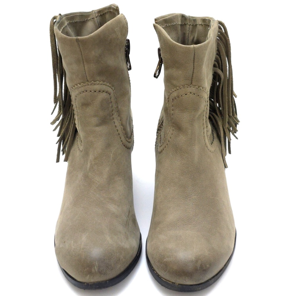 Sam Edelman Louie Fringe Suede Ankle Booties Taupe/Olive Western Zip Size 8